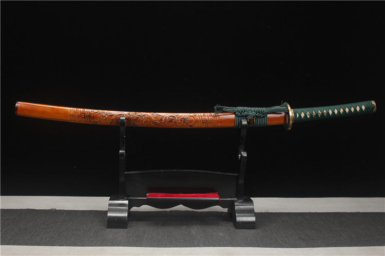 Finely carved brass antique-style solid wood hand-carved dragon sheath, T10 burning blade with flame pattern, Shangken samurai sword - Dragon Knight