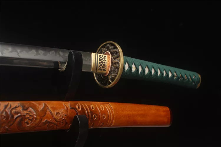 Finely carved brass antique-style solid wood hand-carved dragon sheath, T10 burning blade with flame pattern, Shangken samurai sword - Dragon Knight