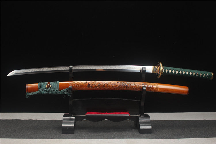 Finely carved brass antique-style solid wood hand-carved dragon sheath, T10 burning blade with flame pattern, Shangken samurai sword - Dragon Knight