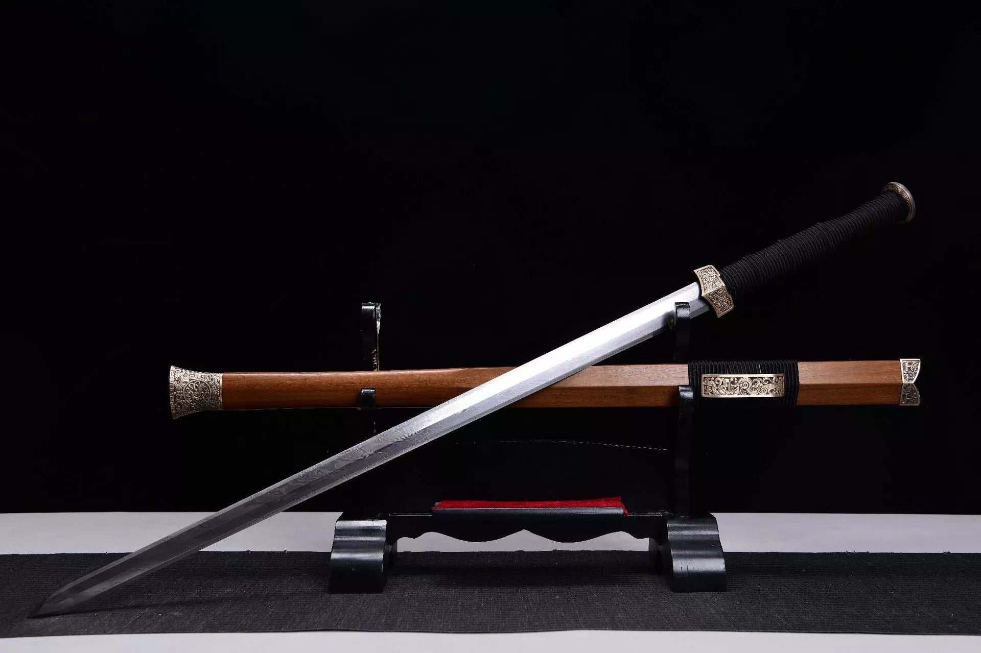 1200 Long 28" Damascus Stone Washed Flat Hilt Han Sword - Ancient War Sword