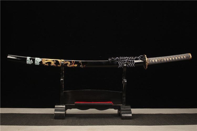 Exquisitely carved brass antique sword suit -T10 steel covered with earth, burnt blade, fine ripple, fully polished mirror surface samurai sword - Wild Dragon Emerging from the Sea