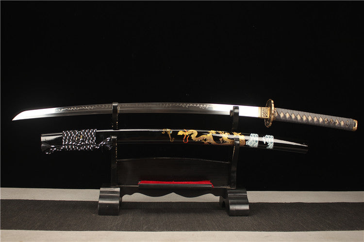 Exquisitely carved brass antique sword suit -T10 steel covered with earth, burnt blade, fine ripple, fully polished mirror surface samurai sword - Wild Dragon Emerging from the Sea