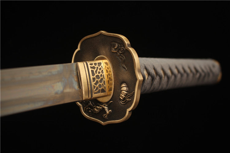 Exquisitely carved brass antique sword suit -T10 steel covered with earth, burnt blade, fine ripple, fully polished mirror surface samurai sword - Wild Dragon Emerging from the Sea