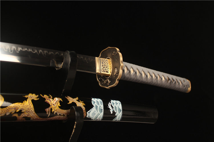 Exquisitely carved brass antique sword suit -T10 steel covered with earth, burnt blade, fine ripple, fully polished mirror surface samurai sword - Wild Dragon Emerging from the Sea