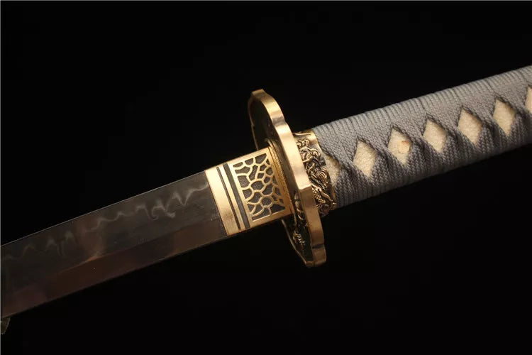 Exquisitely carved brass antique sword suit -T10 steel covered with earth, burnt blade, fine ripple, fully polished mirror surface samurai sword - Wild Dragon Emerging from the Sea