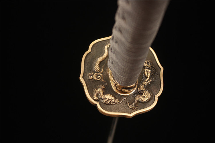 Exquisitely carved brass antique sword suit -T10 steel covered with earth, burnt blade, fine ripple, fully polished mirror surface samurai sword - Wild Dragon Emerging from the Sea