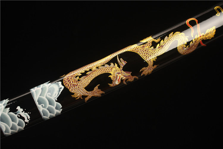 Exquisitely carved brass antique sword suit -T10 steel covered with earth, burnt blade, fine ripple, fully polished mirror surface samurai sword - Wild Dragon Emerging from the Sea