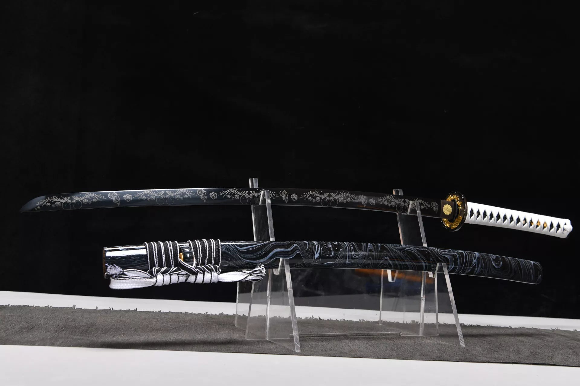 26-inch High Performance Steel Blackened and Carved Samurai Sword - Butterfly Flower Sword Fighting