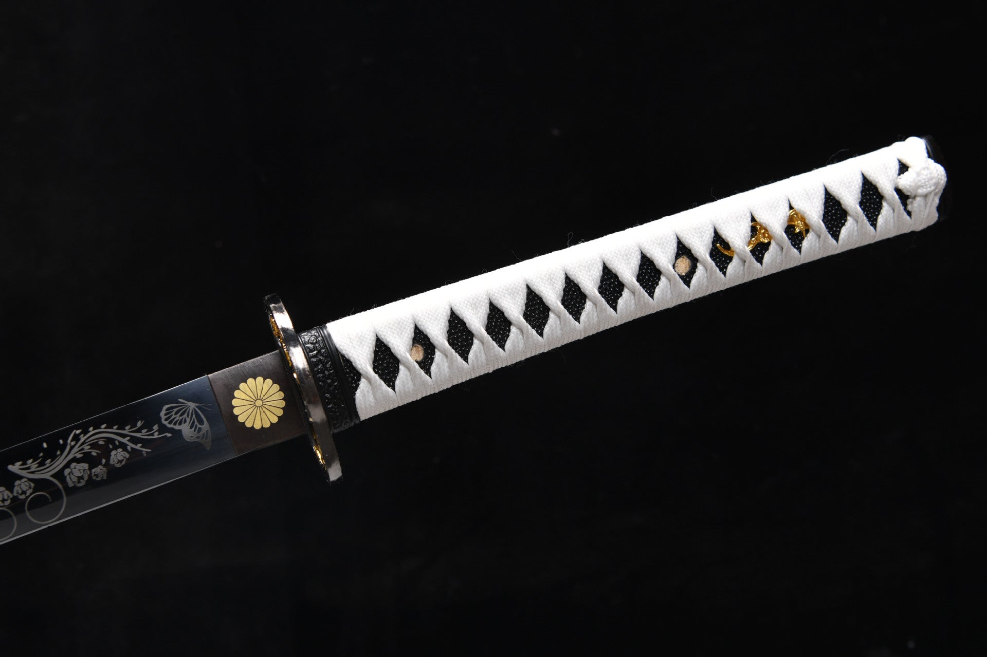 26-inch High Performance Steel Blackened and Carved Samurai Sword - Butterfly Flower Sword Fighting