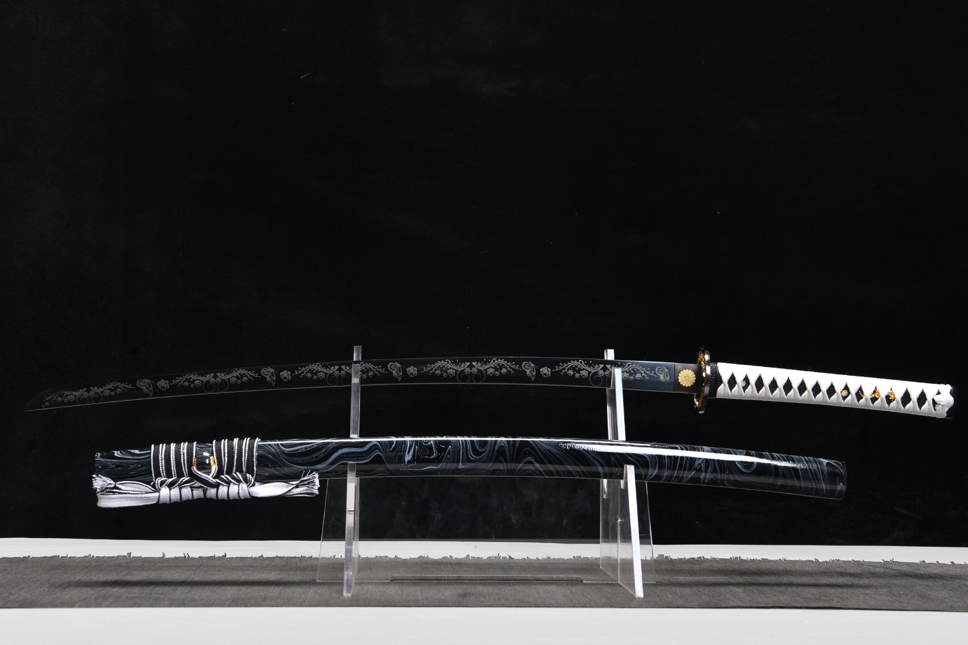 26-inch High Performance Steel Blackened and Carved Samurai Sword - Butterfly Flower Sword Fighting