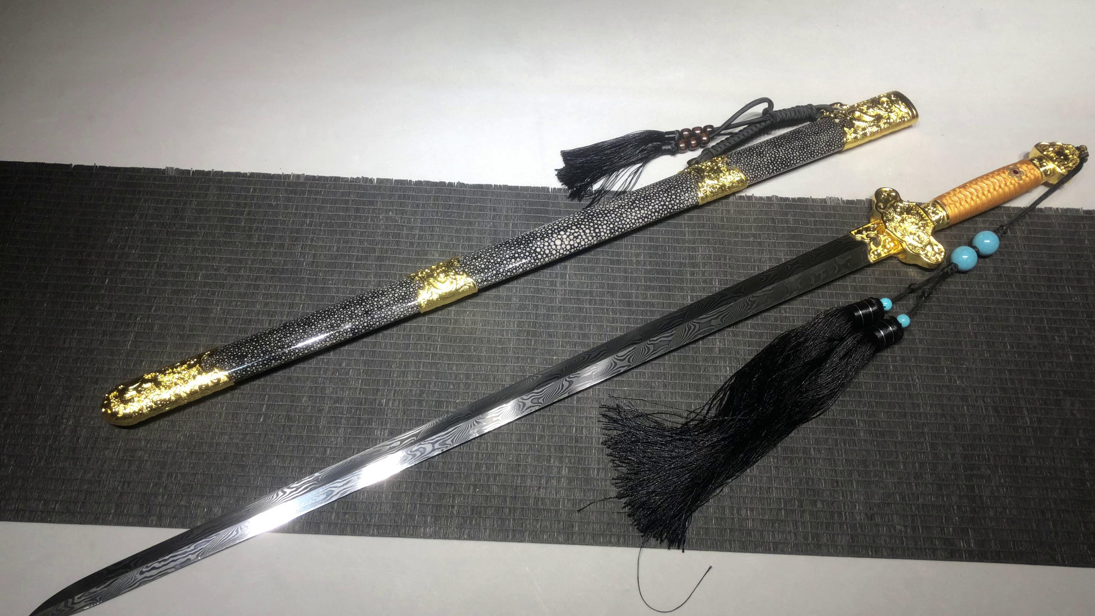 1760 New Handmade Long 28-inch Fully Wrapped Fishskin Damascus Qing Sword - Imperial Dragon Sword (Pure Copper with Gold Plating)