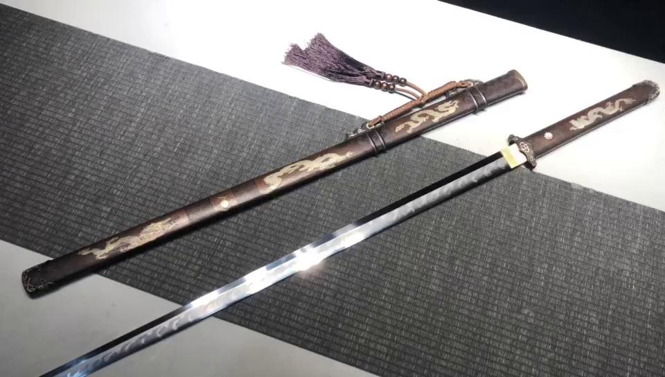 1700 New Specials Long 26 inch T10 Burnished Blade Wave Pattern Tang Horizontal Knife - Eight Dragon Knife