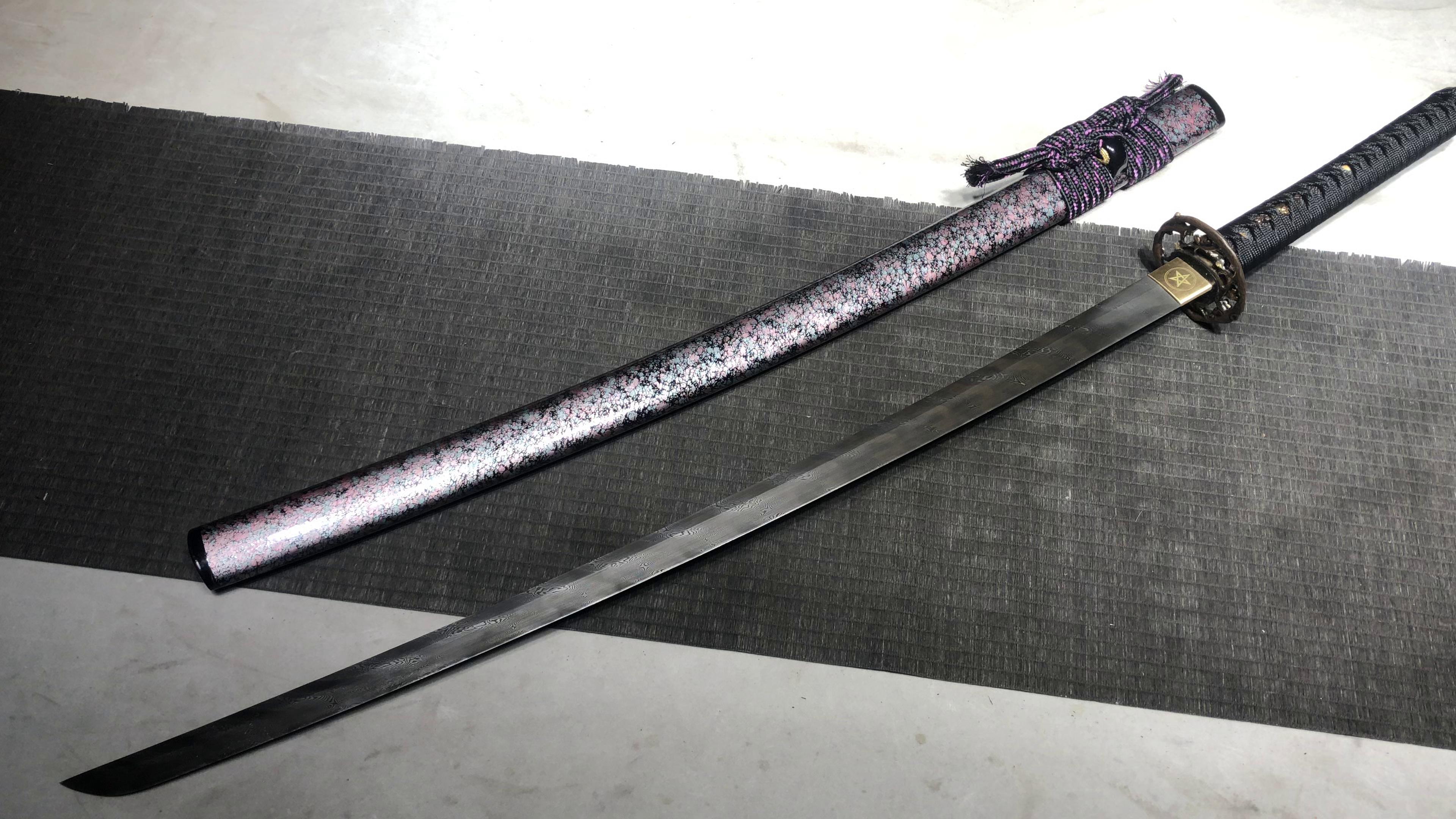 1300 New Handmade Long Gilt Mounted 26 inch Stone Washed Twisted Pattern Samurai Sword - Sakura Beating Sword