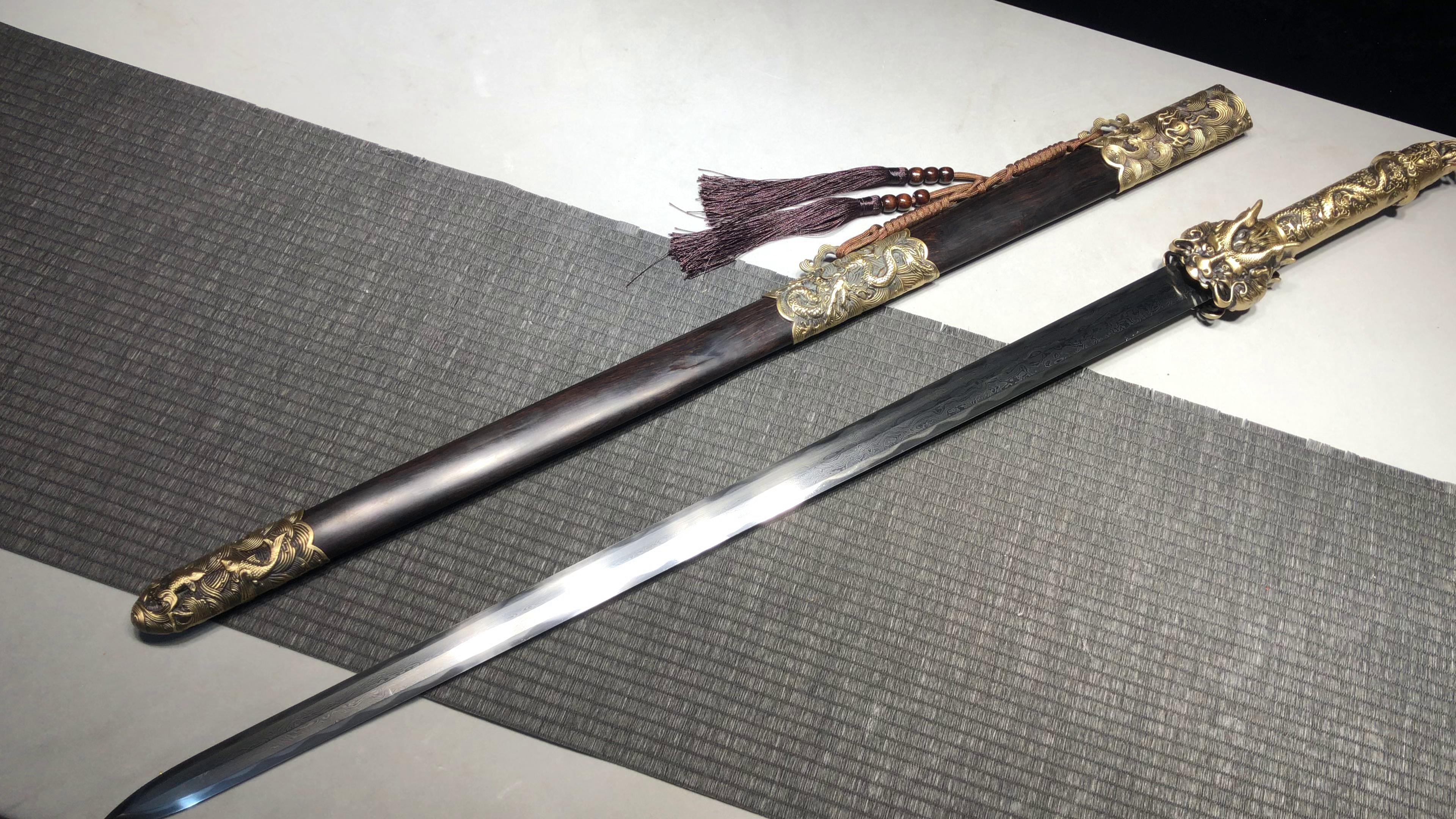 2360 New Handmade Long 28-inch Patterned Steel Burnished Edge Tang Sword - Dragon King Heavy Sword