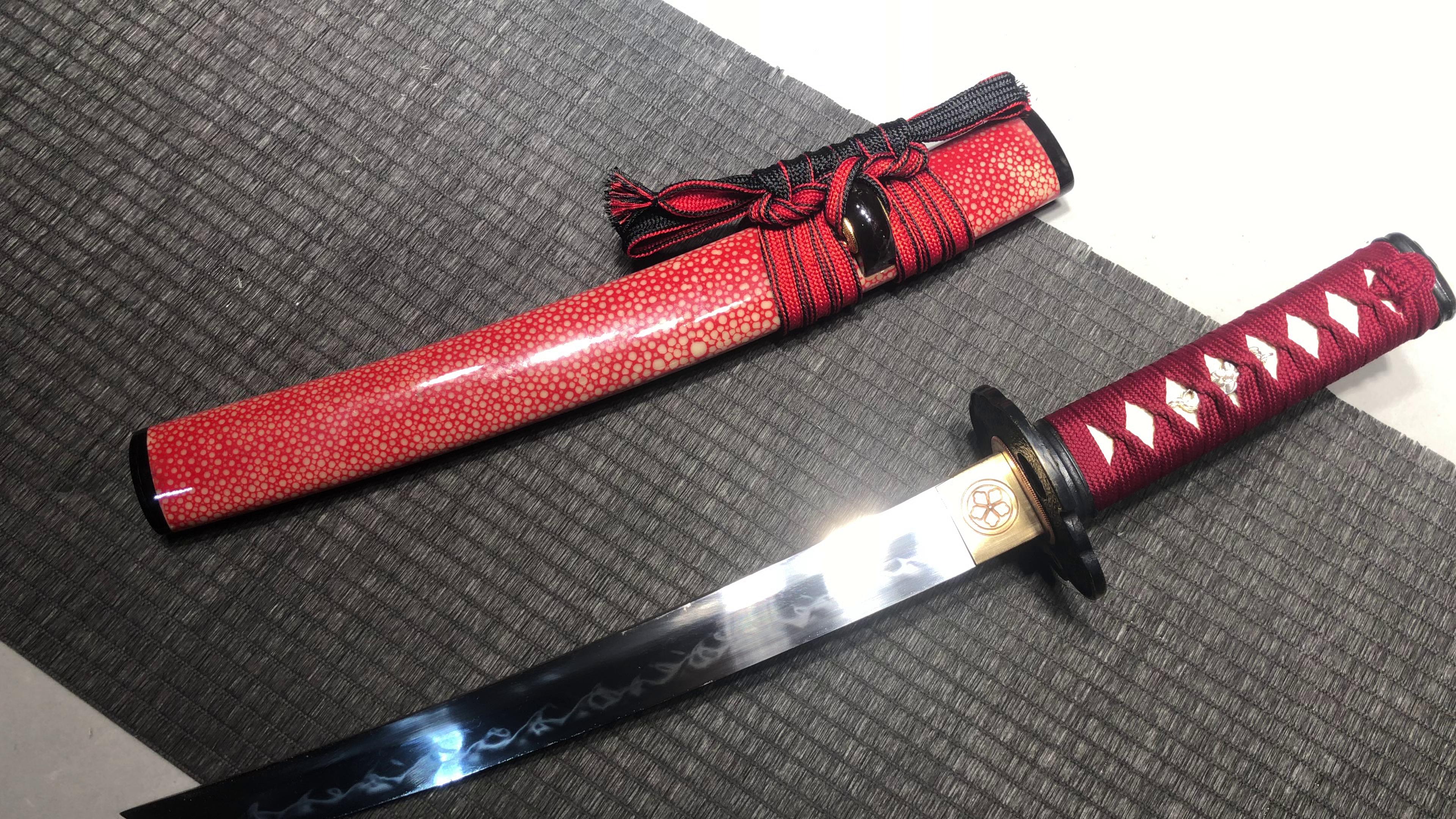 1400 New Handmade Short 12 inch T10 Burnt Edge Flame Pattern Samurai Sword Short Sword - Matsuyama Short Sword
