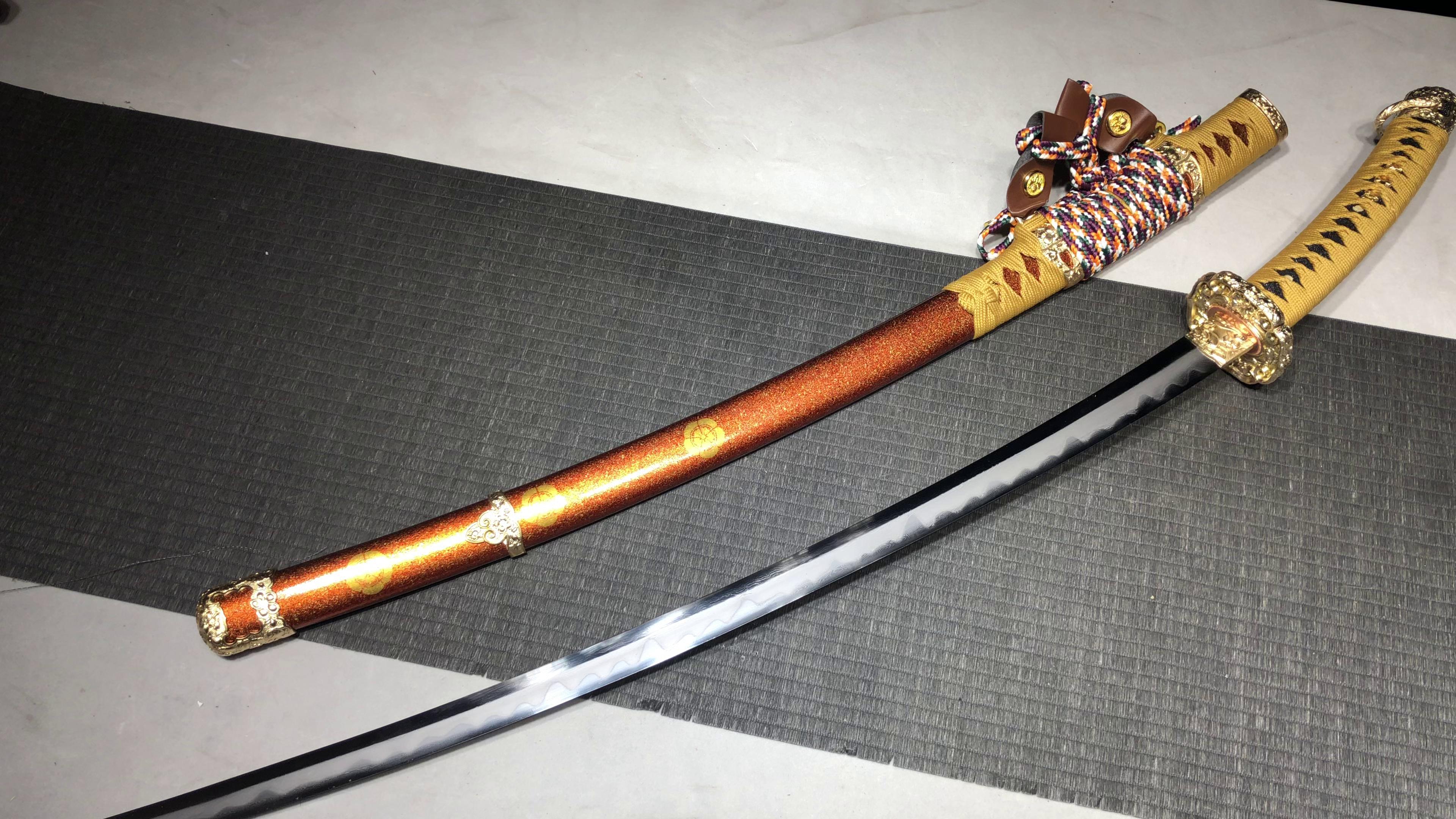 1900 New Handmade Long 26-inch Patterned Steel Burnished Blade Fighting Research Taijutsu - Oda Nobunaga Taijutsu (Hilt Reverse)