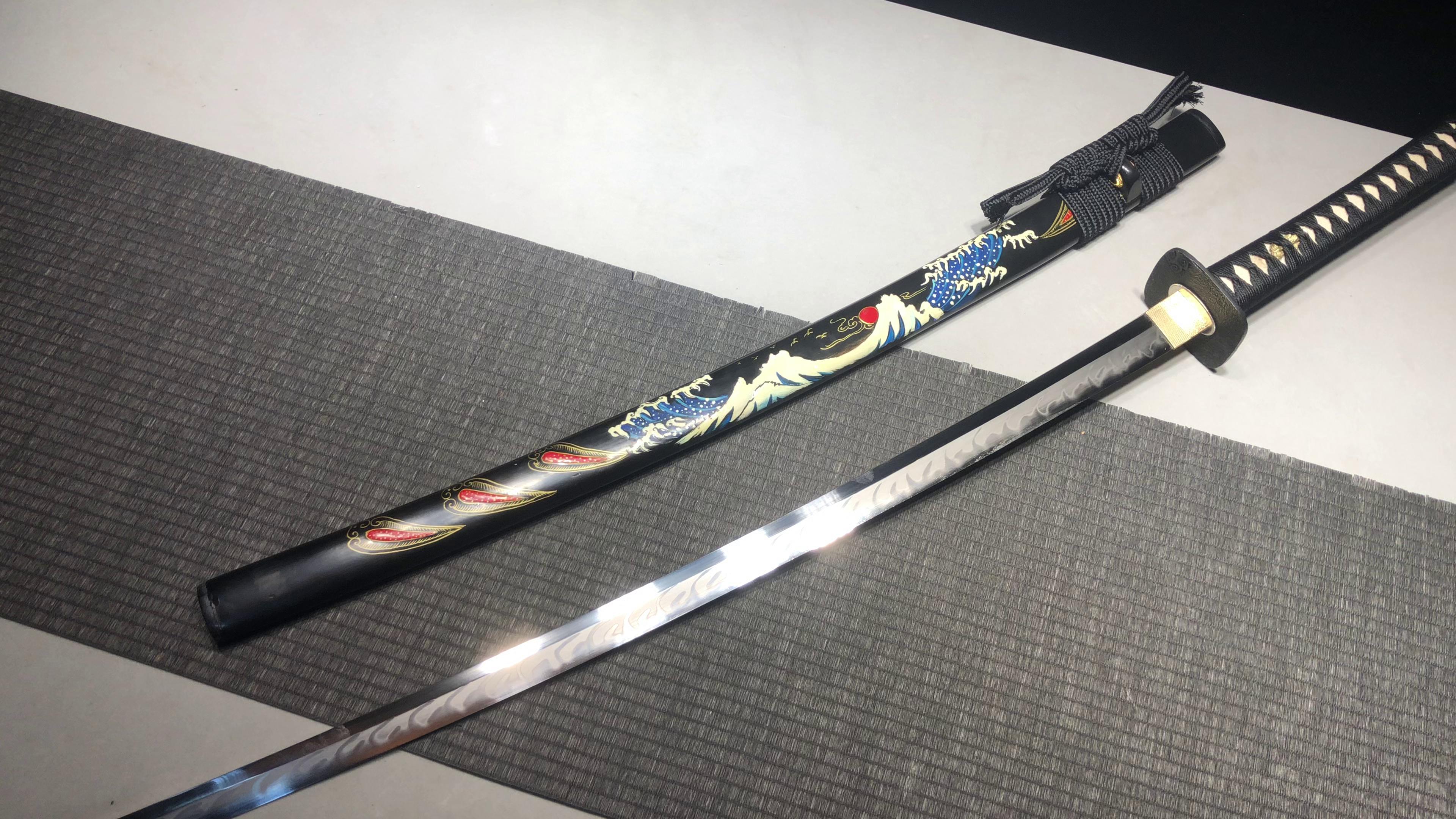 2160 New Handmade Long 26 inch Iron Mounted T10 Burnished Blade Sea Wave Pattern Shisouken Samurai Sword - Hongyun Beating Sword