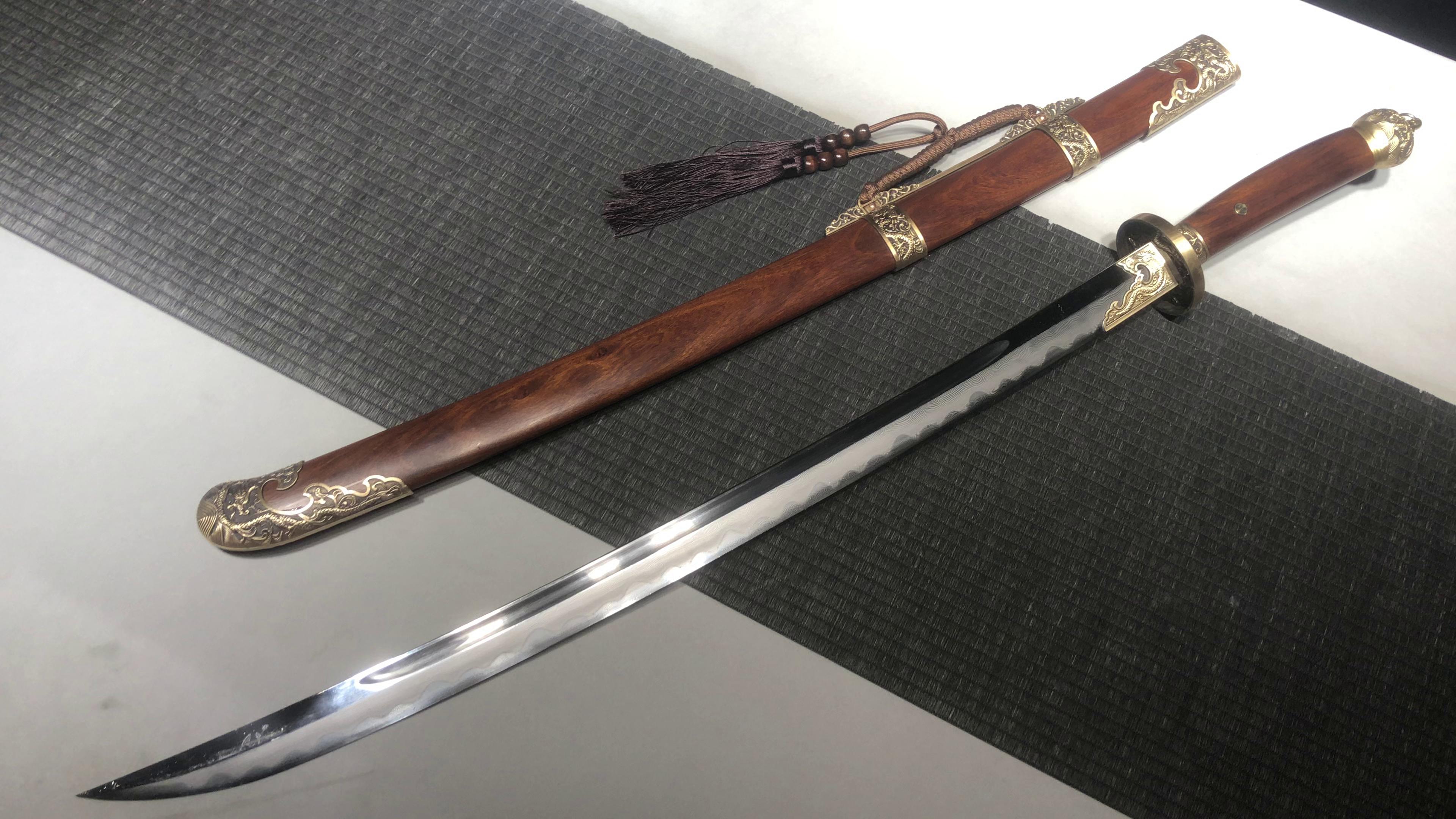 1500 New Handmade Long 26-inch Patterned Steel Burnished Blade Chinese Upper Research Qing Knife Embroidery Spring Knife - Pan Long Yan Ling Knife