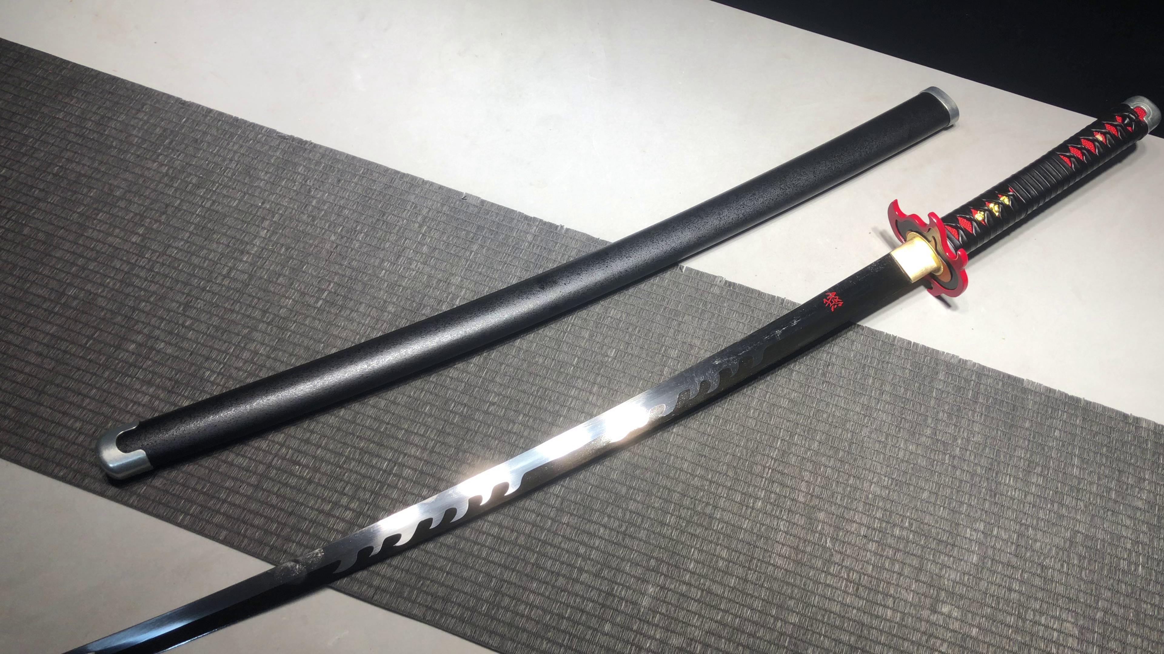 620 New Handmade Anime Ghost Destruction Blade Peripheral Long 26-inch High Manganese Steel Baked Lacquer Samurai Sword Hinokirin Sword - Charcoal Jirou Fire God Kagura (Removable High-Tech Performance Edition)