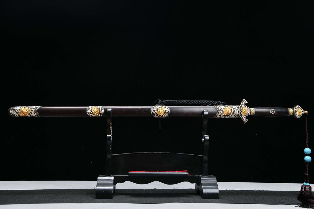 2560 Fine handmade Long 28-inch gilt-silver mounted Qing sword - Peony Sword (gilt mounted)