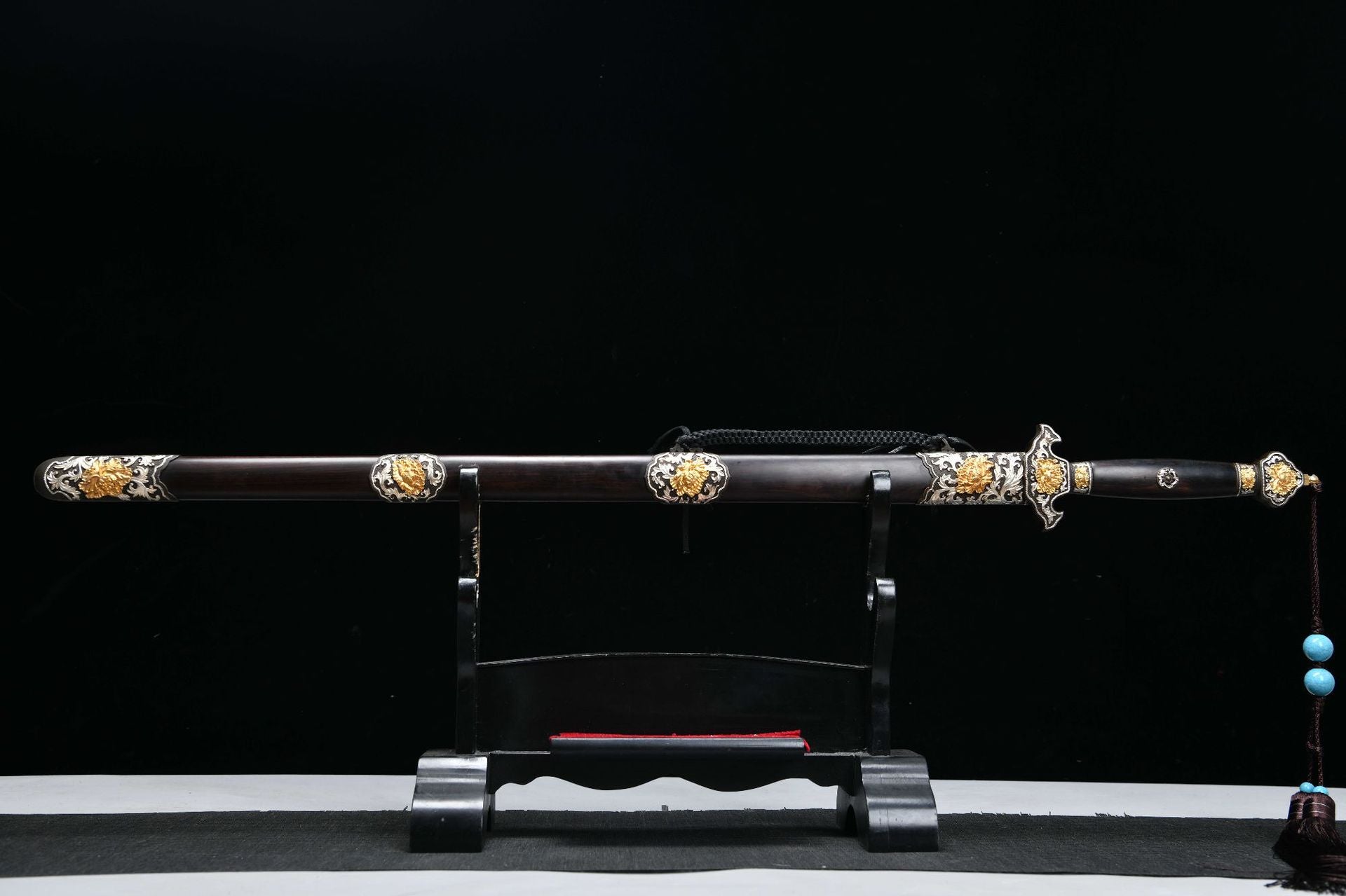 2560 Fine handmade Long 28-inch gilt-silver mounted Qing sword - Peony Sword (gilt mounted)