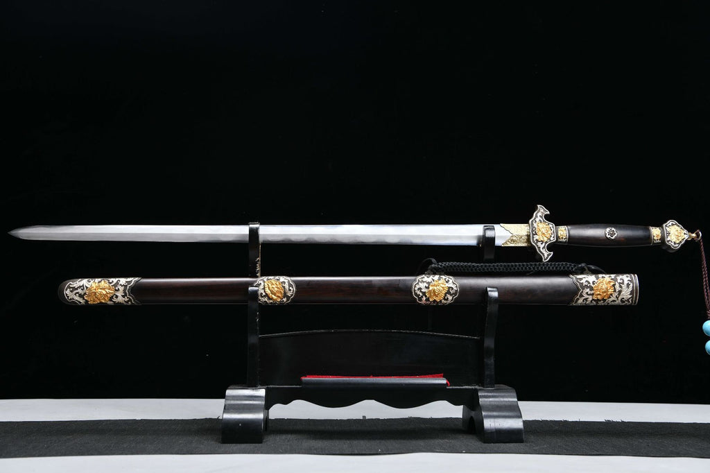 2560 Fine handmade Long 28-inch gilt-silver mounted Qing sword - Peony Sword (gilt mounted)