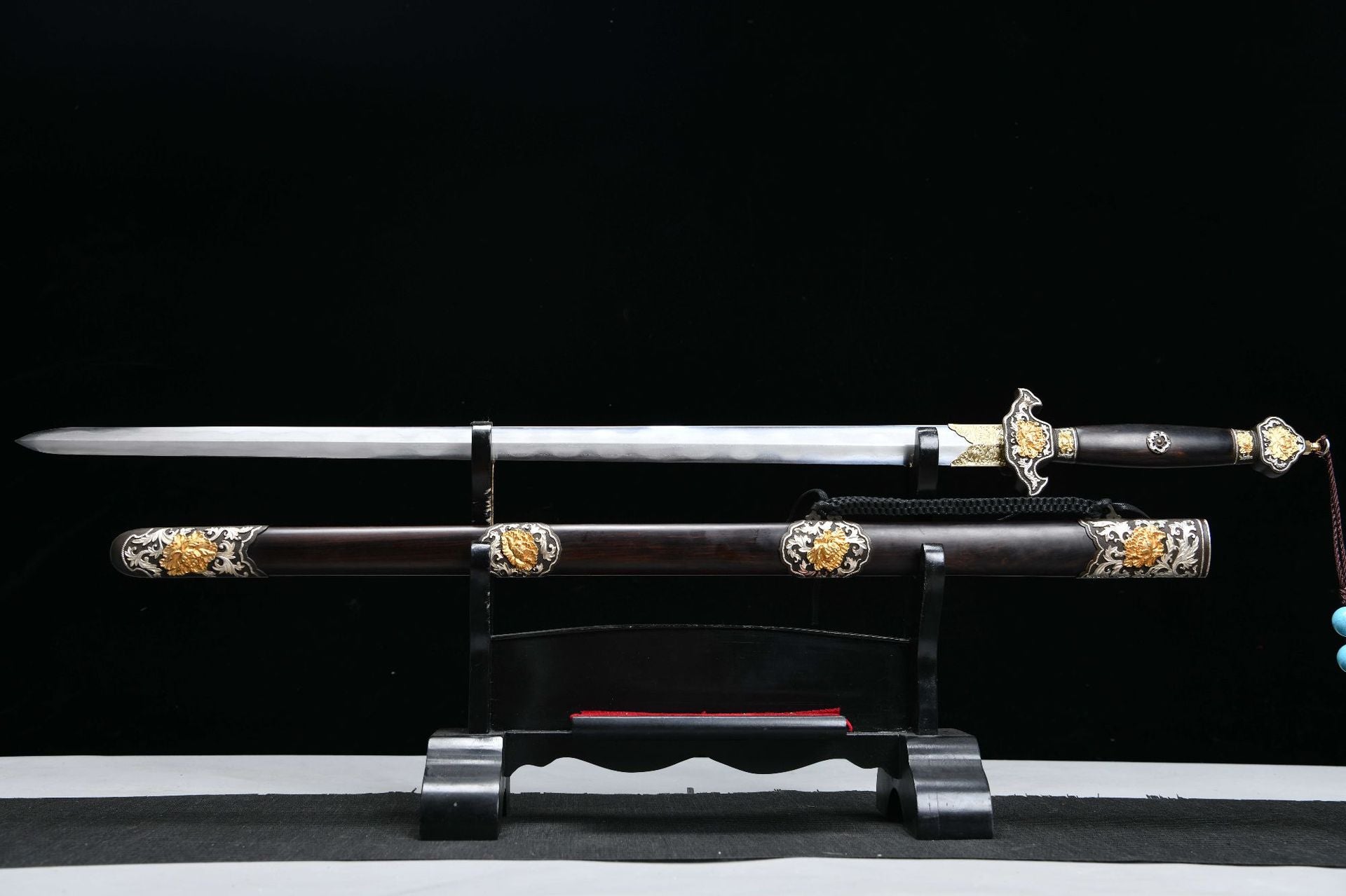 2560 Fine handmade Long 28-inch gilt-silver mounted Qing sword - Peony Sword (gilt mounted)