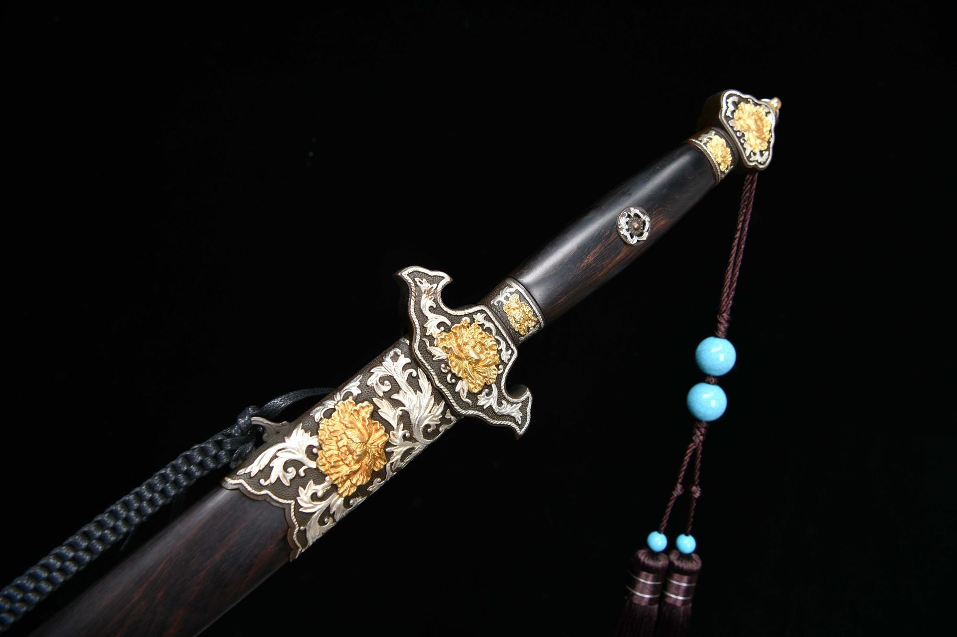 2560 Fine handmade Long 28-inch gilt-silver mounted Qing sword - Peony Sword (gilt mounted)