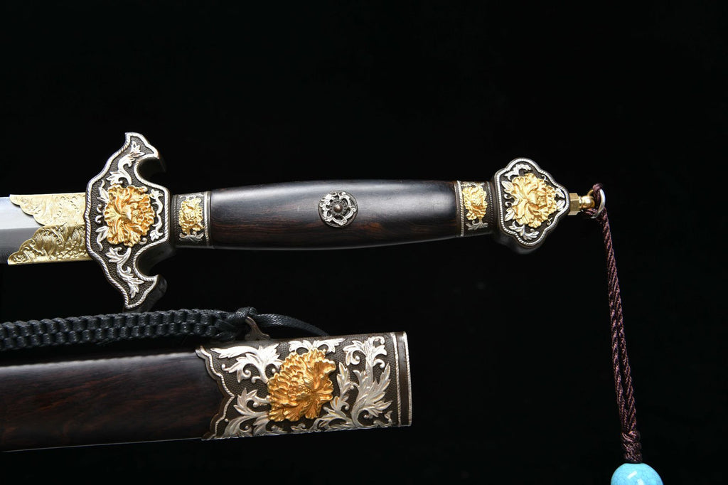 2560 Fine handmade Long 28-inch gilt-silver mounted Qing sword - Peony Sword (gilt mounted)