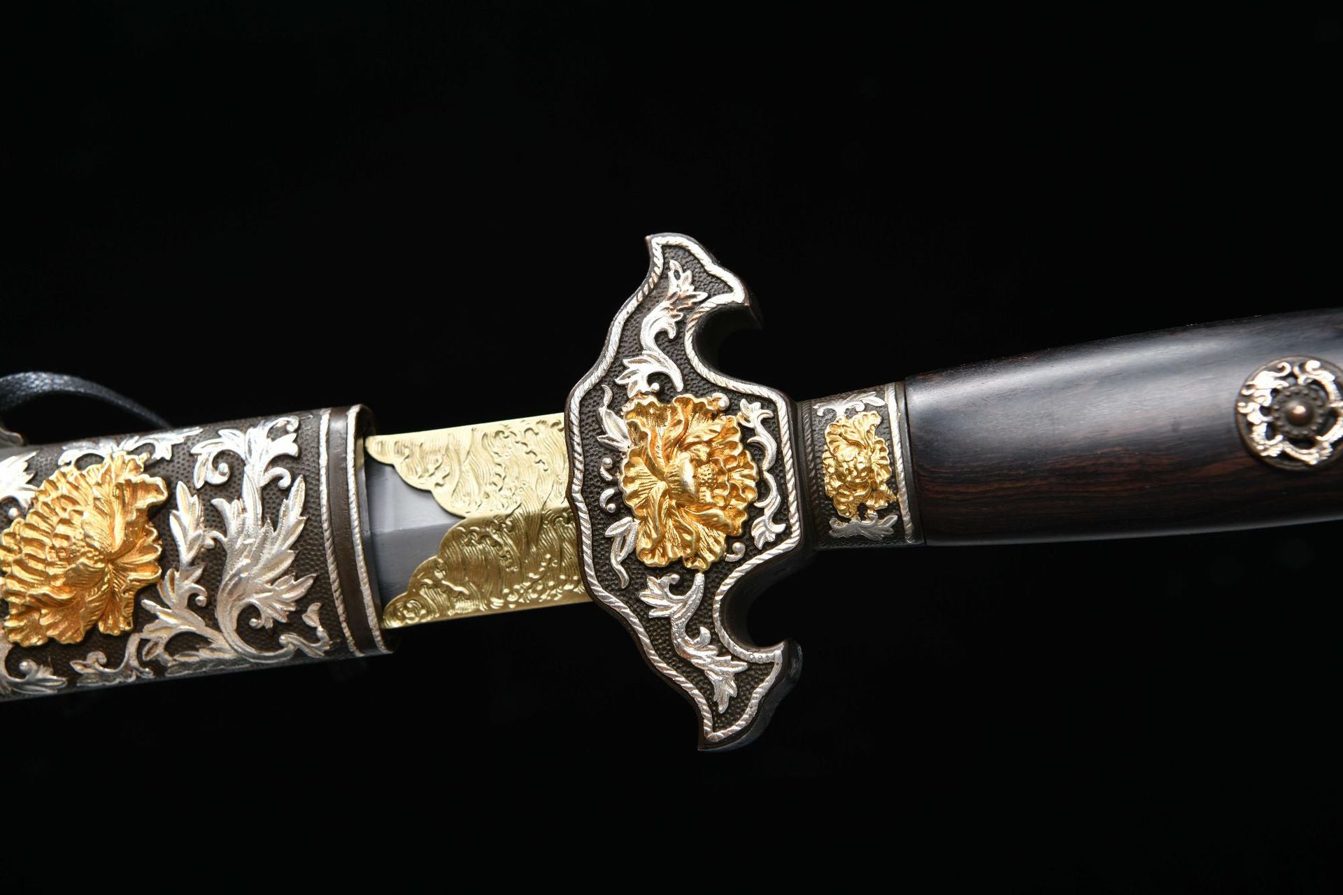 2560 Fine handmade Long 28-inch gilt-silver mounted Qing sword - Peony Sword (gilt mounted)