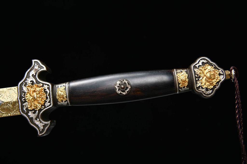 2560 Fine handmade Long 28-inch gilt-silver mounted Qing sword - Peony Sword (gilt mounted)