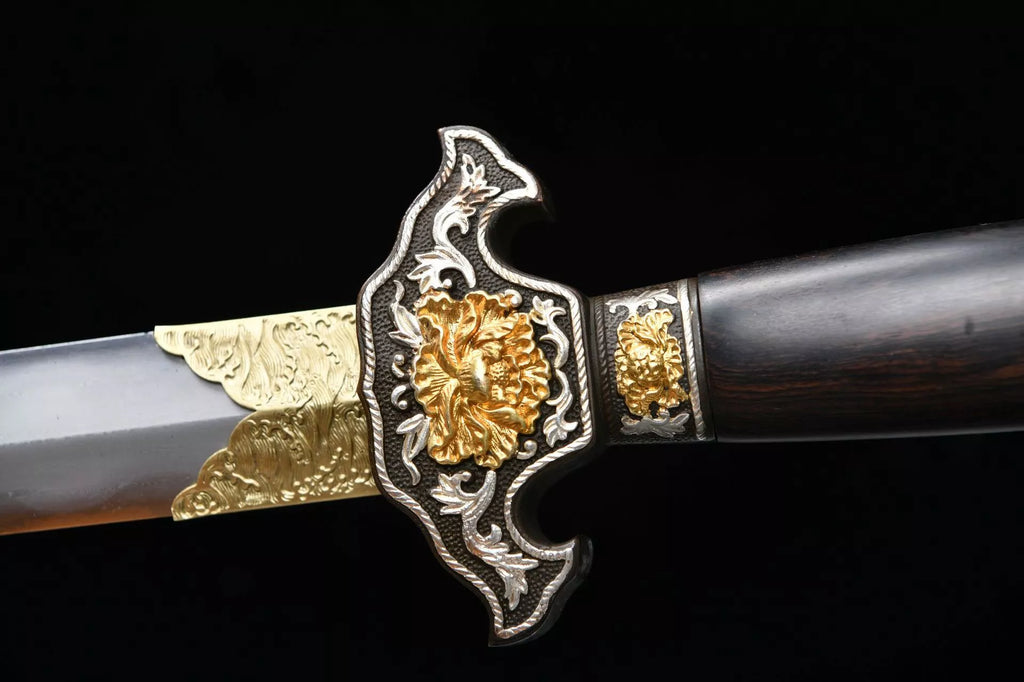 2560 Fine handmade Long 28-inch gilt-silver mounted Qing sword - Peony Sword (gilt mounted)