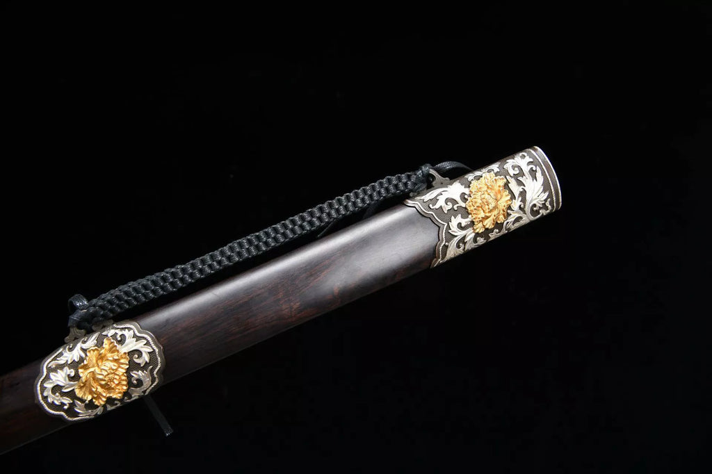 2560 Fine handmade Long 28-inch gilt-silver mounted Qing sword - Peony Sword (gilt mounted)