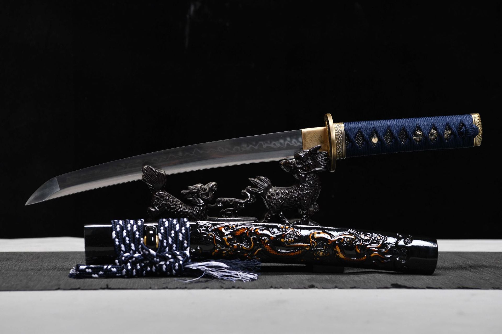 1100 New Handmade Short 12-inch T10 Steel Burnished Blade Candle Flame Pattern Samurai Sword - Small Blue Dragon Short Sword