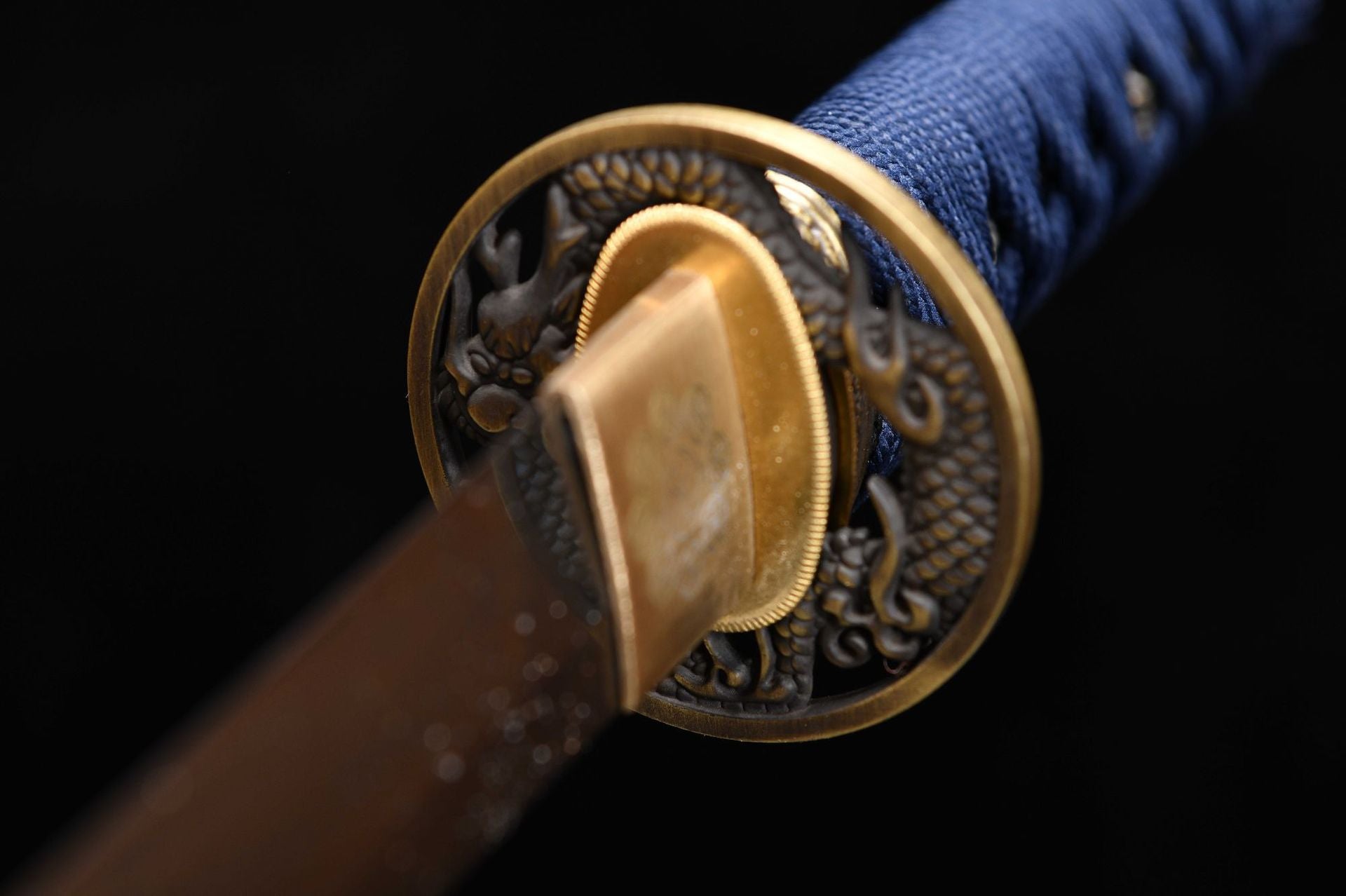 1100 New Handmade Short 12-inch T10 Steel Burnished Blade Candle Flame Pattern Samurai Sword - Small Blue Dragon Short Sword