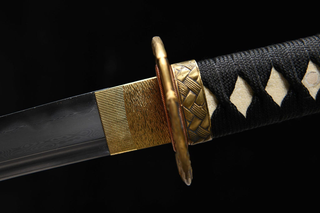 1200 New Handmade Short 12-inch Patterned Steel Burnished Blade Samurai Sword - Gold Bamboo Short Sword