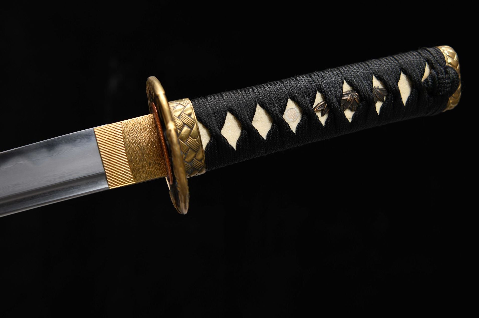 1200 New Handmade Short 12-inch Patterned Steel Burnished Blade Samurai Sword - Gold Bamboo Short Sword