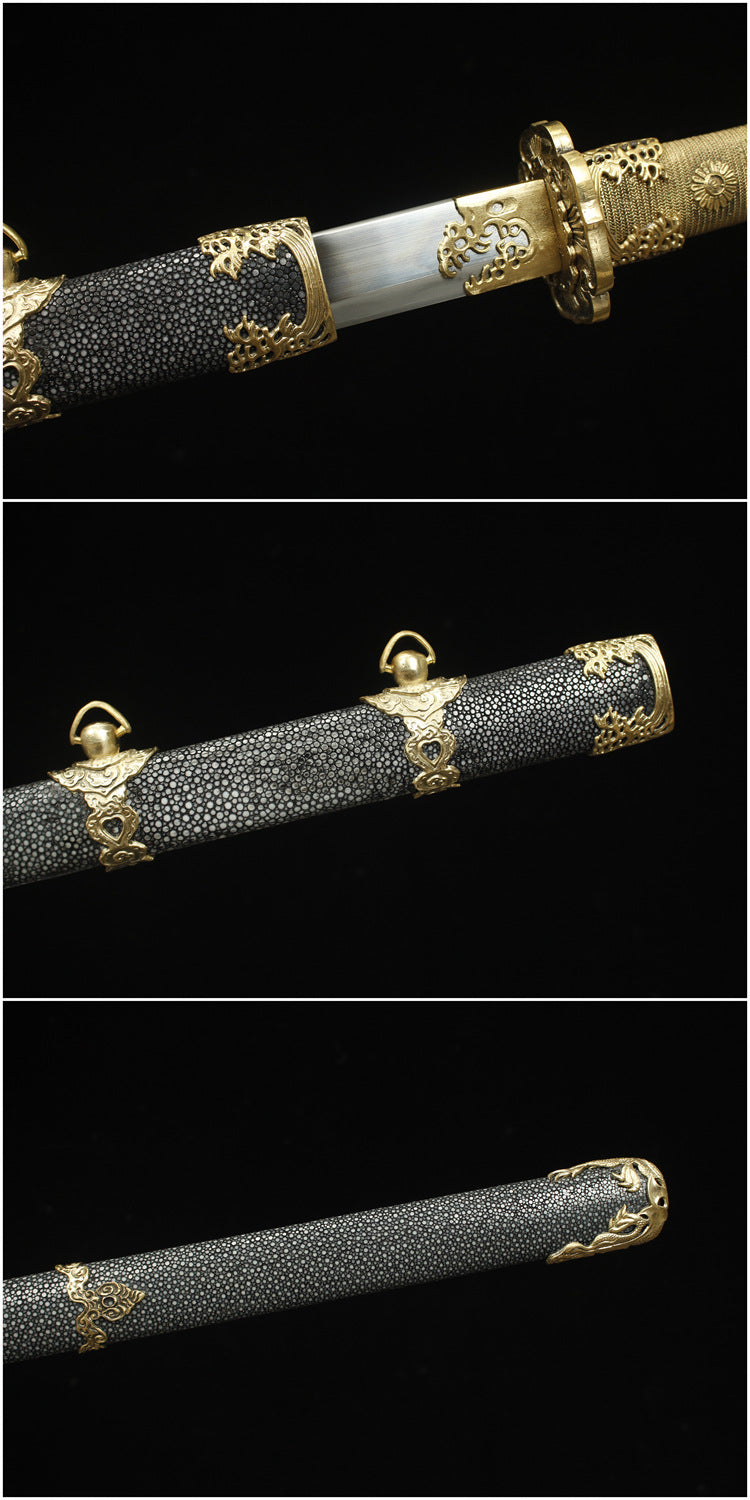 5200 Long 26" New Brass Full Fishskin Clip Steel Tang Knife - Water Dragon Tang Knife