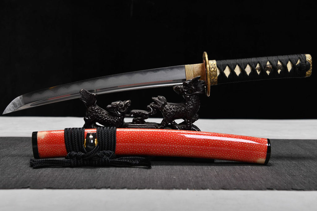 1200 New Handmade Short 12-inch Patterned Steel Burnished Blade Samurai Sword - Gold Bamboo Short Sword