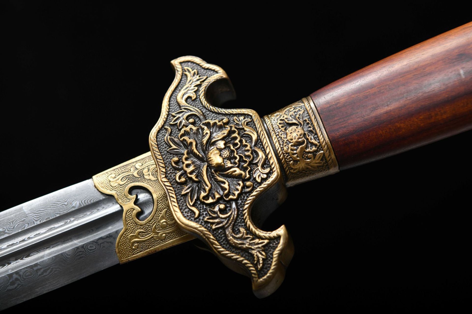 1000 New Handmade Long 28-inch Patterned Steel Double Slotted Qing Sword - Peony Sword