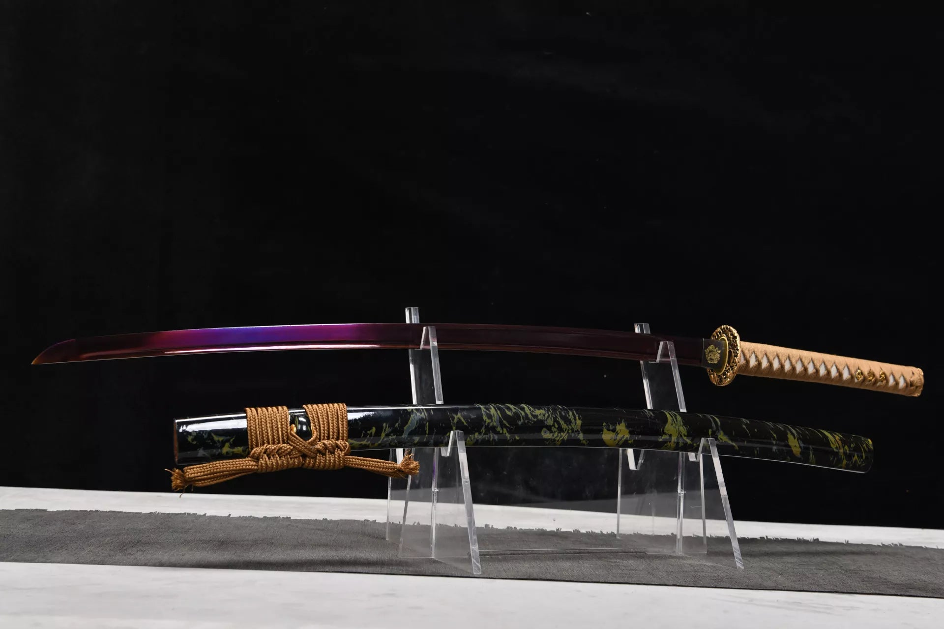 1120 New Handmade Long Gilt Mounted 26-inch High Manganese Steel Roasted Purple Samurai Sword - Golden Sea Wave Beating Sword (Cool Black Edition)