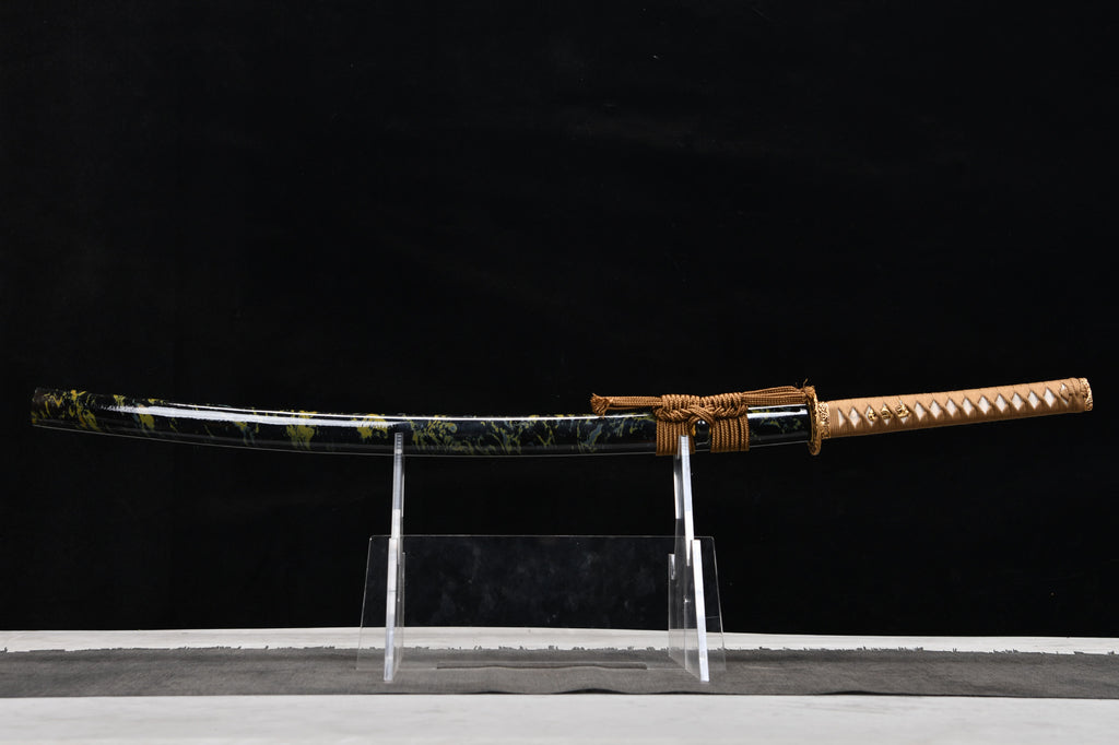 1120 New Handmade Long Gilt Mounted 26-inch High Manganese Steel Roasted Purple Samurai Sword - Golden Sea Wave Beating Sword (Cool Black Edition)