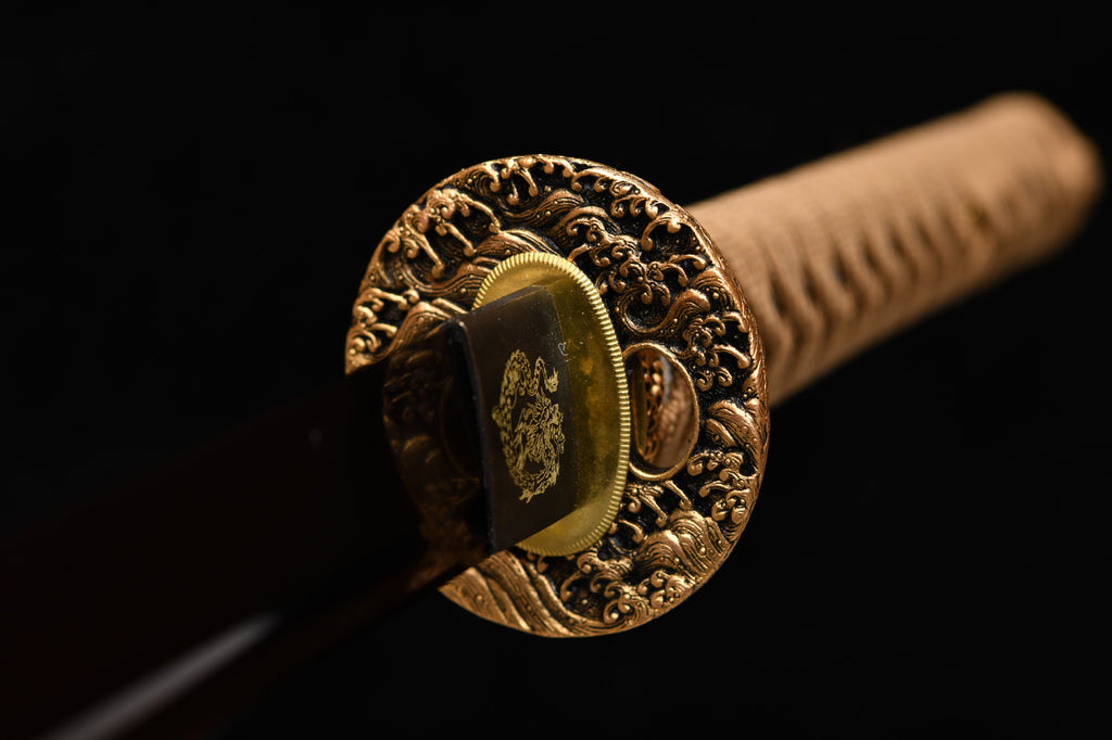 1120 New Handmade Long Gilt Mounted 26-inch High Manganese Steel Roasted Purple Samurai Sword - Golden Sea Wave Beating Sword (Cool Black Edition)