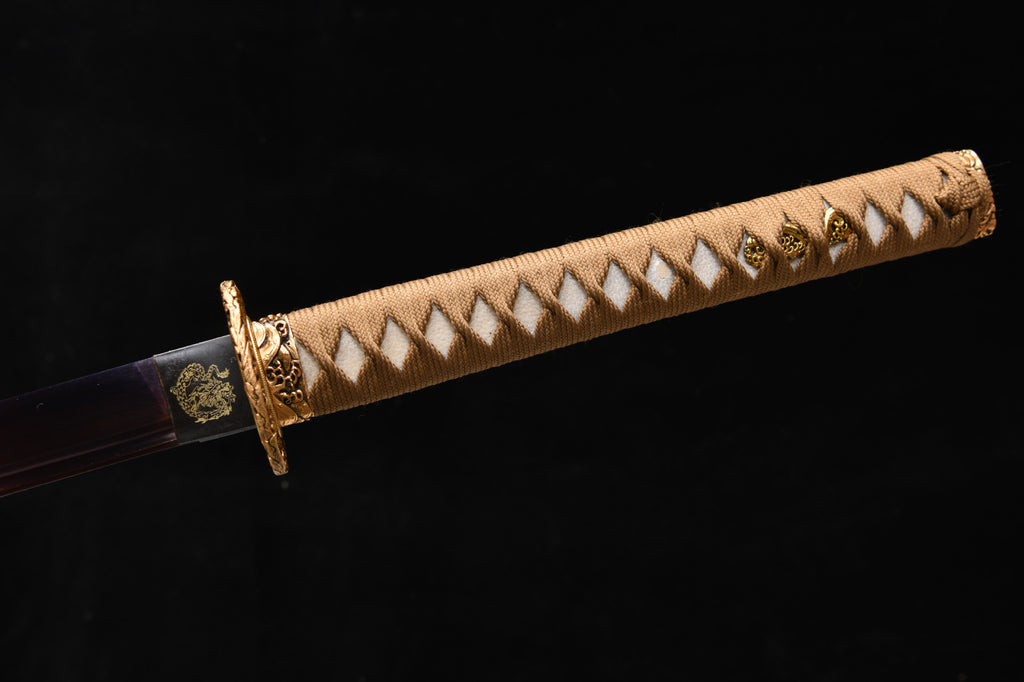 1120 New Handmade Long Gilt Mounted 26-inch High Manganese Steel Roasted Purple Samurai Sword - Golden Sea Wave Beating Sword (Cool Black Edition)