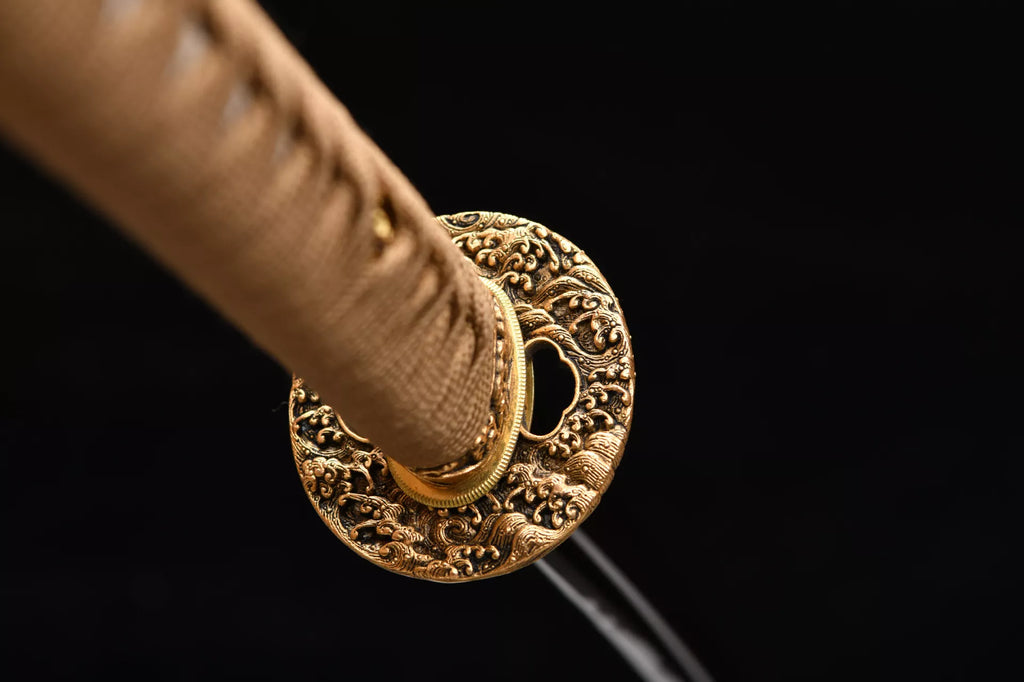 1120 New Handmade Long Gilt Mounted 26-inch High Manganese Steel Roasted Purple Samurai Sword - Golden Sea Wave Beating Sword (Cool Black Edition)