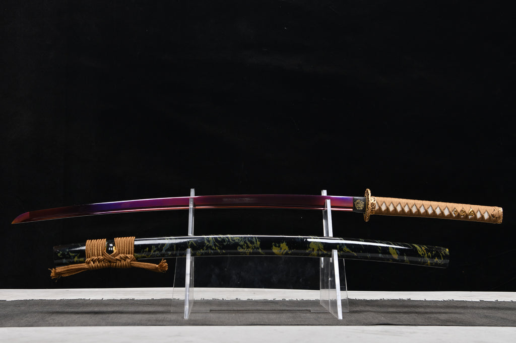 1120 New Handmade Long Gilt Mounted 26-inch High Manganese Steel Roasted Purple Samurai Sword - Golden Sea Wave Beating Sword (Cool Black Edition)