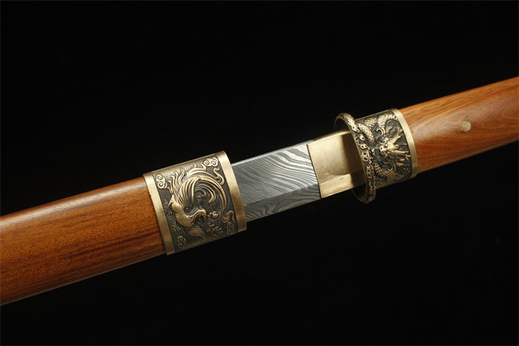 1200 Year-end Welfare Special Long 26 inch New Damascus Copper Mounted Tang Knife - Dragon Flying Phoenix Dance