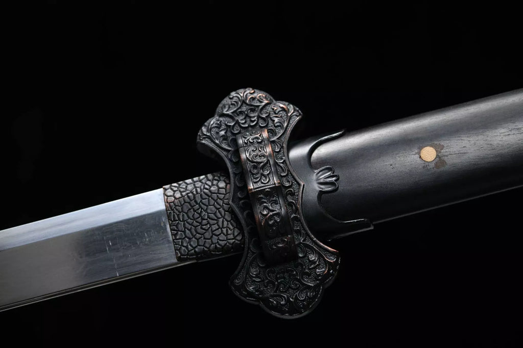 1060 New Handmade Long 26-inch Patterned Steel Burnished Edge Deluxe Blades Tang Sword - Ink Dragon Tang Sword