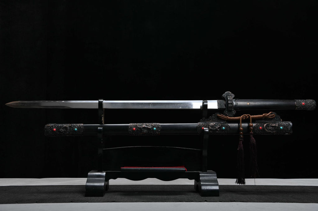 1060 New Handmade Long 26-inch Patterned Steel Burnished Edge Deluxe Blades Tang Sword - Ink Dragon Tang Sword