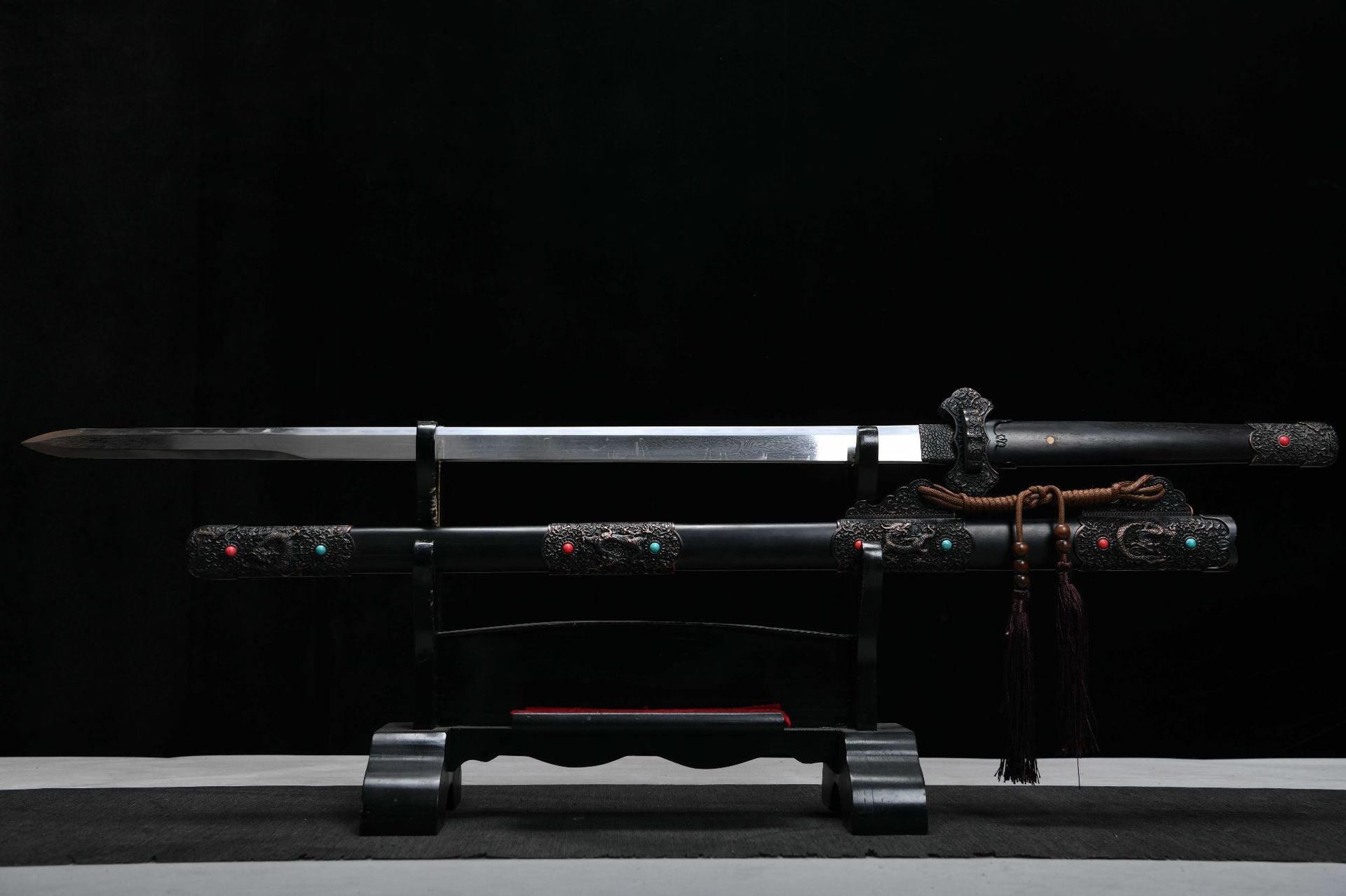 1060 New Handmade Long 26-inch Patterned Steel Burnished Edge Deluxe Blades Tang Sword - Ink Dragon Tang Sword